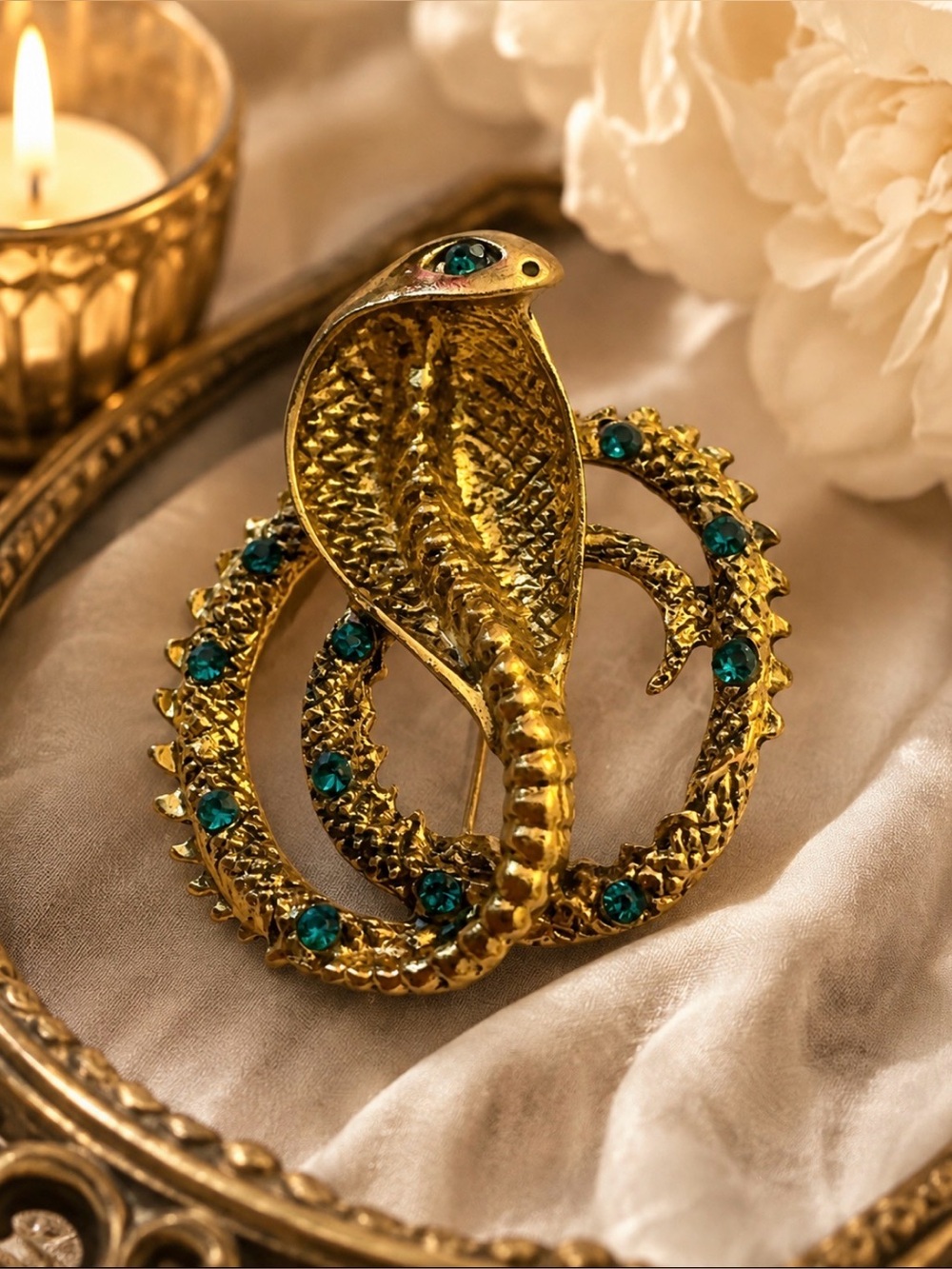 Gold Cobra Brooch with Teal Gem Accents - Brand